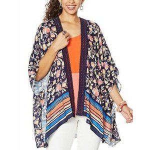 Colleen Lopez Navy Blue Garden Crochet Inset Kimono Topper M/L NWT